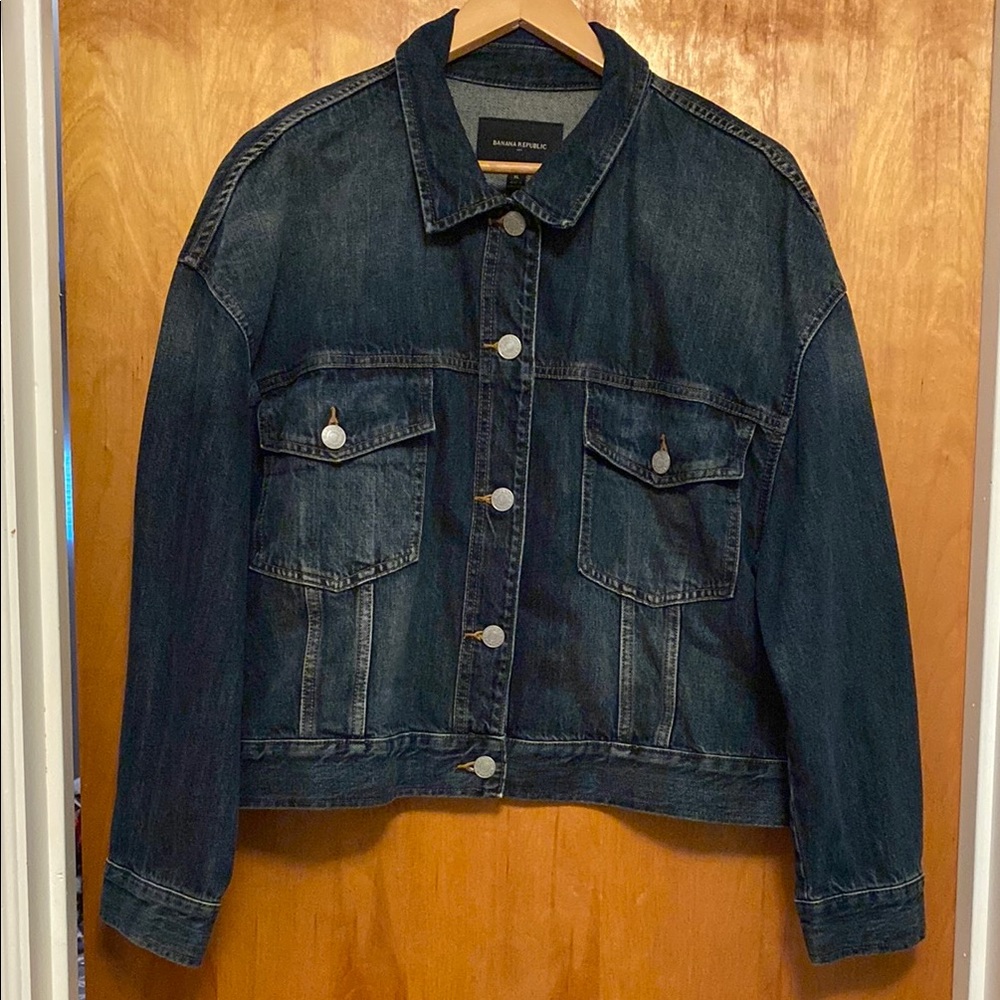 Dark Blue Denim Jacket with Chest Pockets and Metal Buttons